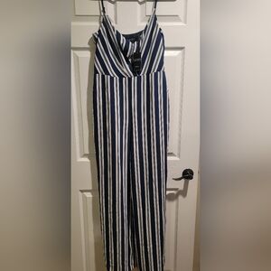 NWT LAUREN RALPH LAUREN Navy/White Striped Belted Crepe Jumpsuit Adj Strap size